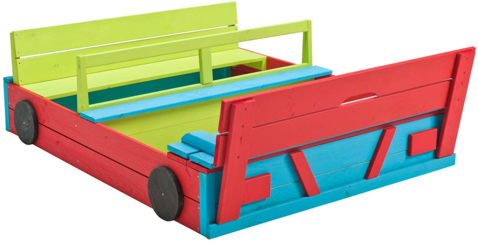 Schwingendes Sandbox -Auto 120 x 100 x 20 cm Holz blau grün rot